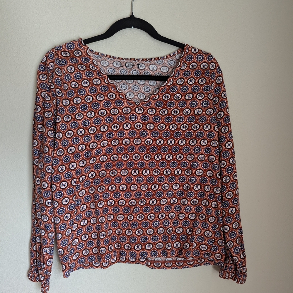 Ann Taylor LOFT Orange and Blue Patterned Top Size M
